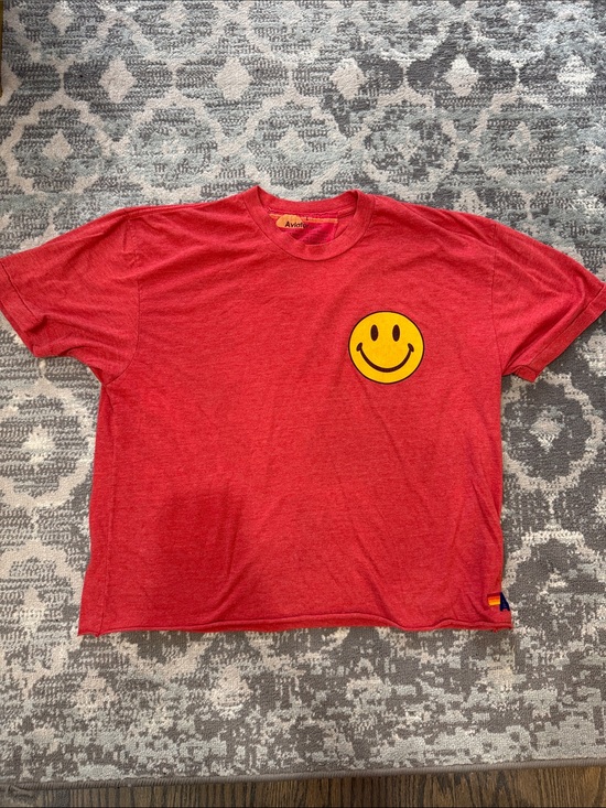 Aviator Nation Tops - Aviator Nation Red Tee with Yellow Smiley Graphic
